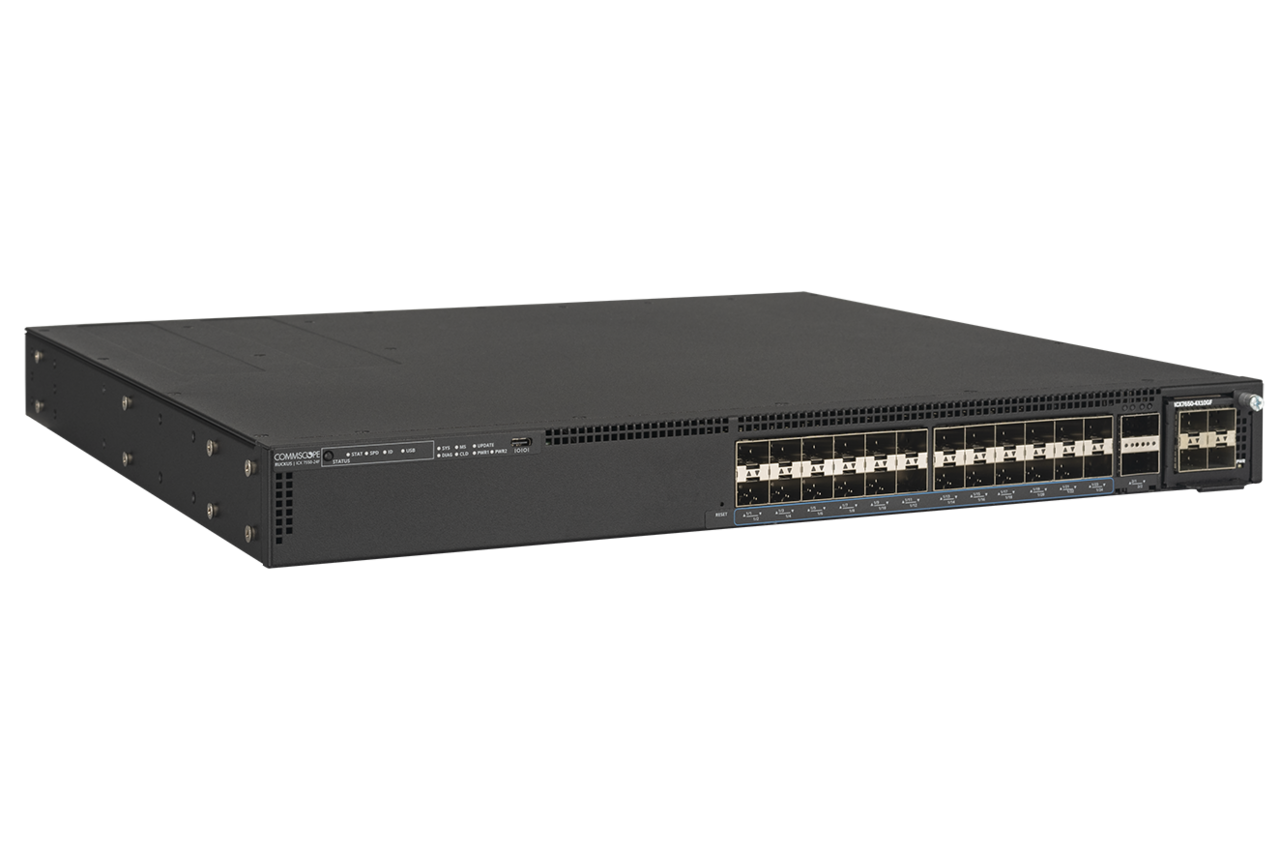 RUCKUS Networks switch full managed layer3 26 port • 24x sfp+ • 2x qsfp+ • 1 modular optional slot • 3 fans • 19" • icx7550-24f-e2-r3 • 2x 400 w ac p