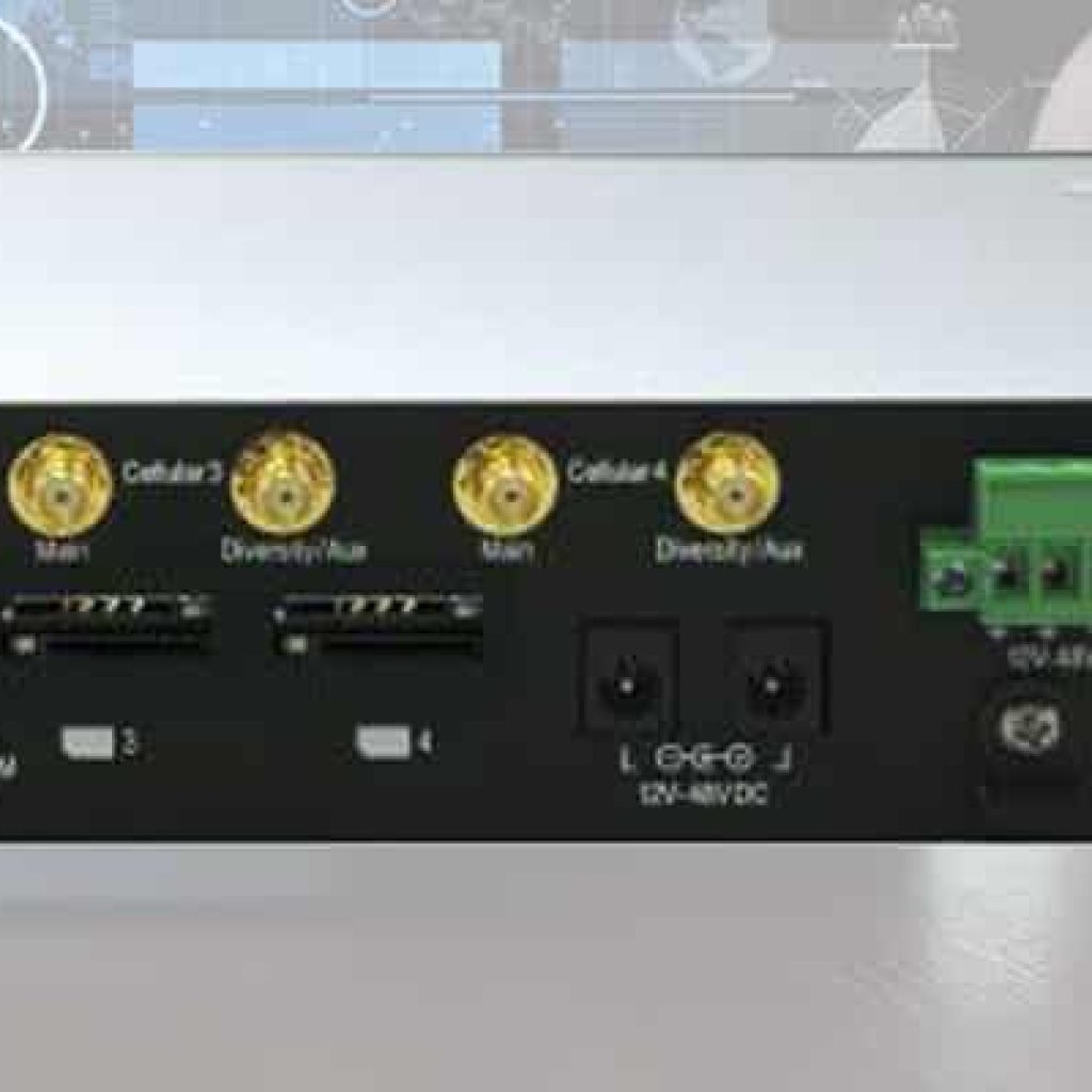 "Ascend Max HD4 Multi-Cellular Router" - A high-tech router with multiple antennas and SIM card slots to support a reliable and fast Internet connection across multiple mobile networks. The picture shows the device from above and its various connections and LEDs.