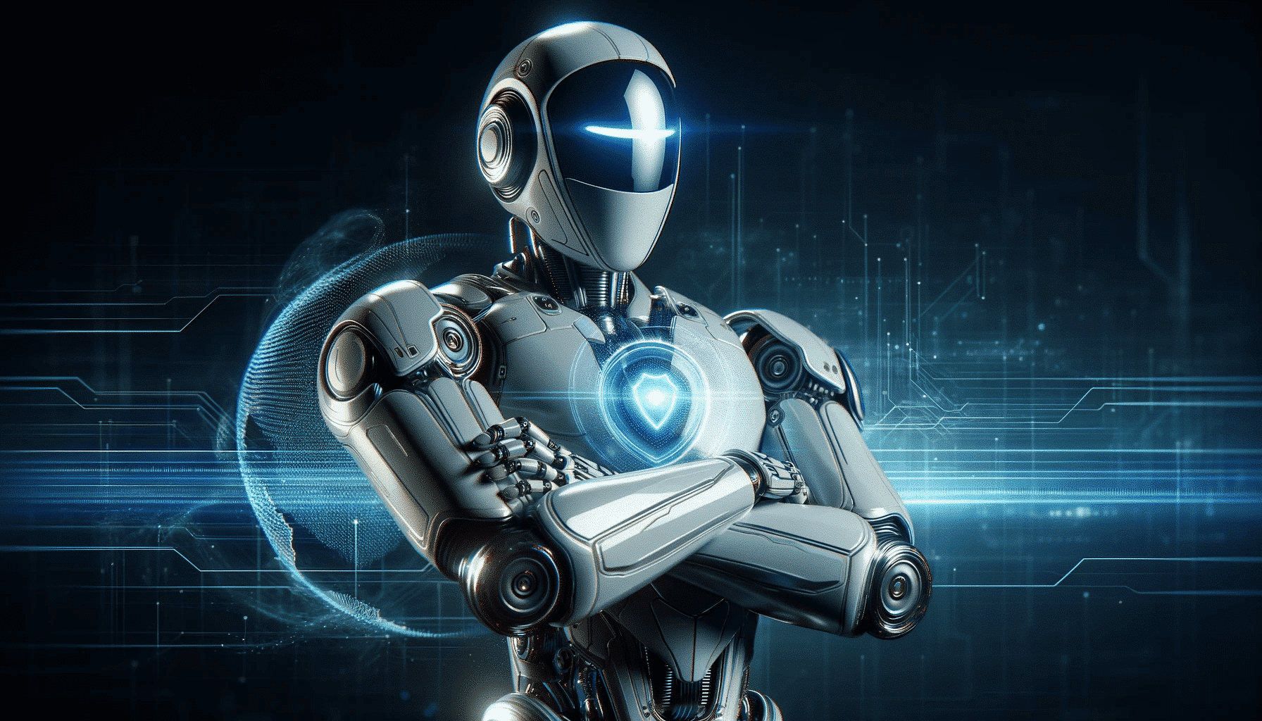 Un robot futuristico simboleggia la sicurezza informatica a Norimberga, è sinonimo di protezione avanzata e competenza tecnologica.