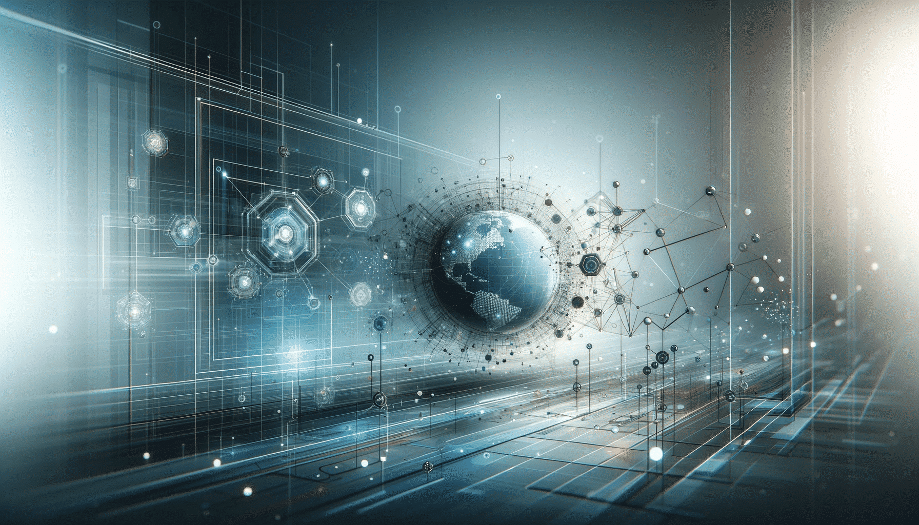 Header image for a website about SD-WAN technology with futuristic and sleek network design, depicting interconnected nodes and digital data streams in a high-tech, abstract network. The background is modern and professional in cool blues and greys, symbolizing advanced technology and connectivity suitable for an enterprise audience and representing the efficiency, security and innovation of SD-WAN solutions.