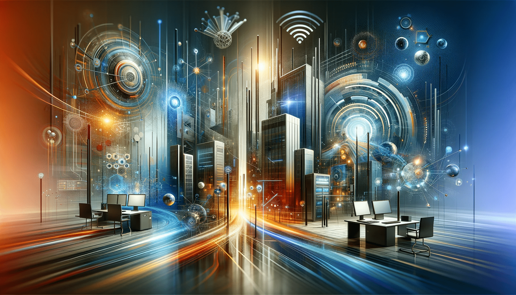 Moderner und professioneller Webseiten-Kopfbereich, der fortschrittliche Vernetzung und digitales Networking in einer High-Tech-Umgebung darstellt, mit Elementen wie schlanken Wireless Access Points, zukunftsorientierten Netzwerkcontrollern und abstrakten Darstellungen von digitalen Datenströmen und WLAN-Signalen in einer Mischung aus Büroumgebung und technologieorientiertem Raum.