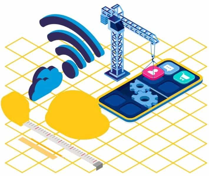 Isometrische Darstellung von App-Entwicklung und Technologie.