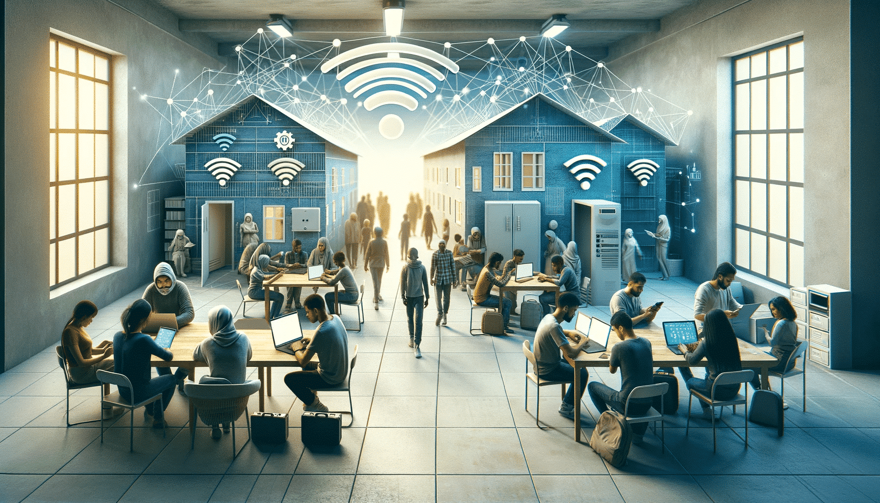 Immagine di intestazione moderna e professionale per un sito web, che mostra una rete WiFi avanzata e sicura in un centro per rifugiati. L'immagine ritrae un gruppo eterogeneo di persone di diversa provenienza che utilizzano vari dispositivi digitali come smartphone, tablet e laptop, tutti connessi a una rete WiFi robusta e sicura. L'ambiente è pulito, organizzato e presenta uno spazio comune con router e punti di accesso Wi-Fi discretamente integrati. L'atmosfera trasmette un senso di comunità , connettività e inclusione digitale.