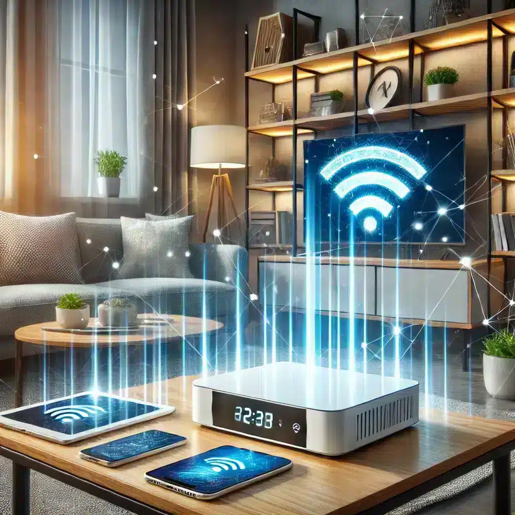 Smart-Home Wohnzimmer mit WLAN-GerÀten.
