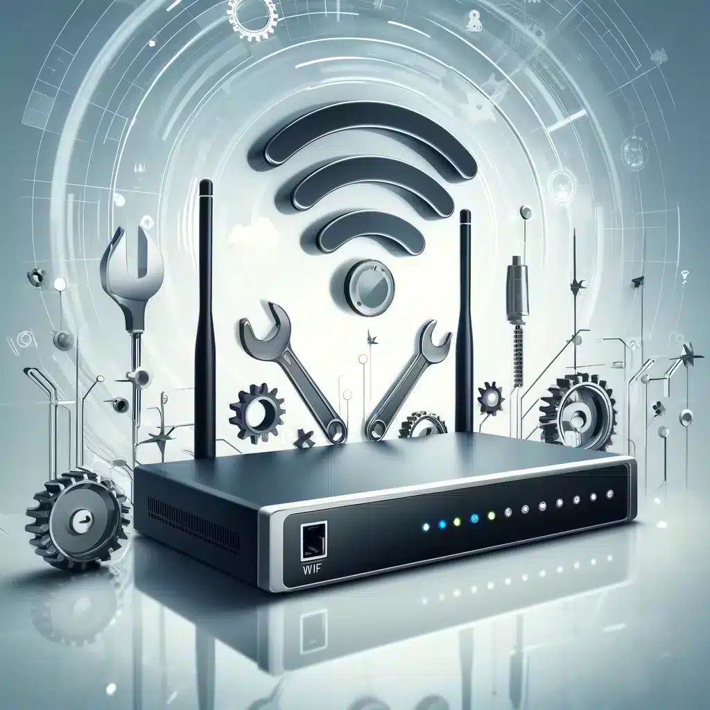 Visualización de problemas WLAN con un router y ondas de señal que indican la resolución de problemas