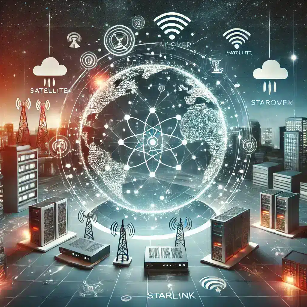 Illustration von stabilen Internet- und Failover-Lösungen für Unternehmen, mit Symbolen für Router, Satellit (Starlink) und Mobilfunknetz, um unterbrechungsfreie Internetverbindungen darzustellen.