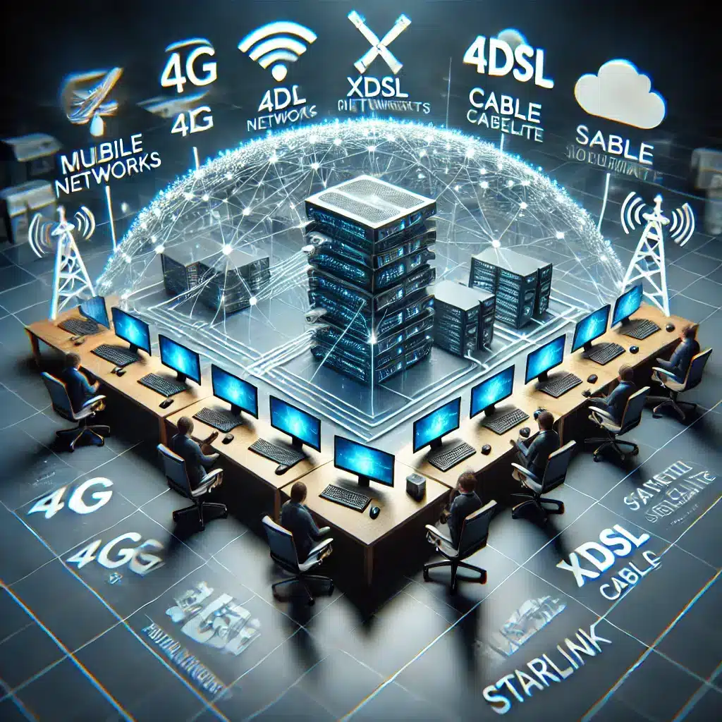 Darstellung einer stabilen Internetverbindung durch die Bündelung von Mobilfunk, xDSL, Kabel und Satellit mit Failover-Technologie für Unternehmen