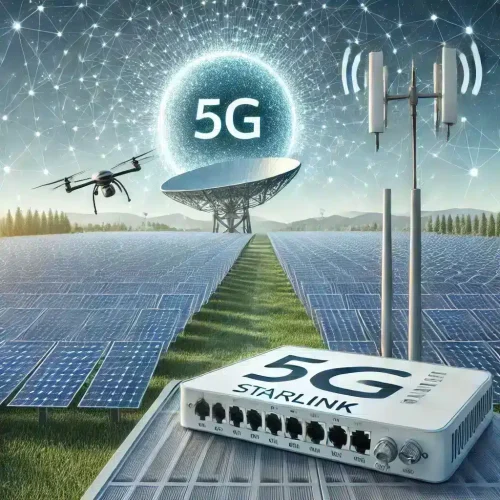 Parque solar con router 5G, dron volador y antena parabólica Starlink para soluciones de parque solar rápidas y en red.