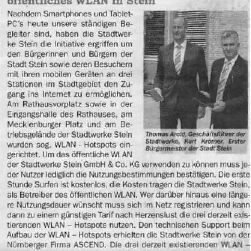Press article Ascend public WLAN city of Stein