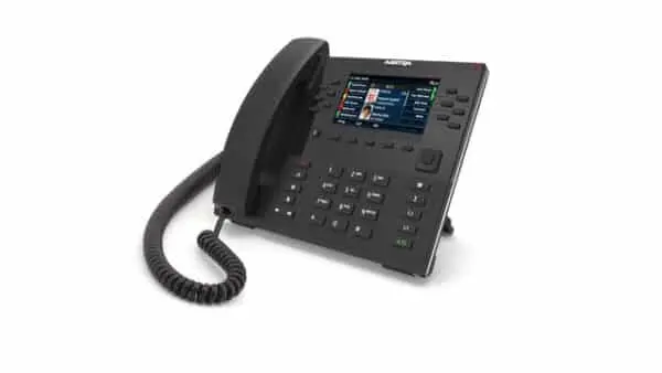 Moderner Tischtelefon mit Farbdisplay und Tastenfeld.
