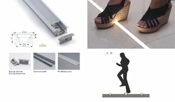 Aluminiumprofil mit LED und Abdeckung für Bodenbeleuchtung.