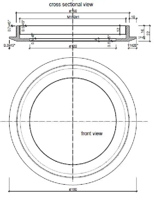 Technische Zeichnung von Dichtung mit Vorder- und Querschnitt.