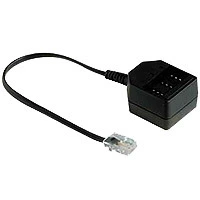 Schwarz Telefonadapter mit Kabel auf weißem Hintergrund.