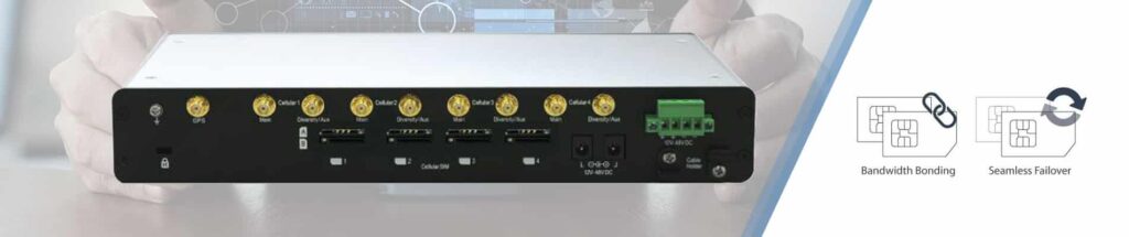 "Ascend Max HD4 Multi-Cellular Router" - Ein High-Tech-Router mit mehreren Antennen und SIM-Karten-Steckplätzen zur Unterstützung einer zuverlässigen und schnellen Internetverbindung über mehrere Mobilfunknetze. Das Bild zeigt das Gerät von oben und seine verschiedenen Anschlüsse und LEDs.