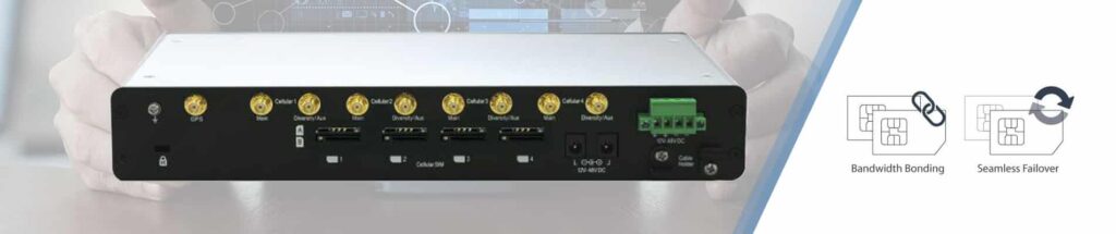 "Ascend Max HD4 Multi-Cellular Router" - Ein High-Tech-Router mit mehreren Antennen und SIM-Karten-Steckplätzen zur Unterstützung einer zuverlässigen und schnellen Internetverbindung über mehrere Mobilfunknetze. Das Bild zeigt das Gerät von oben und seine verschiedenen Anschlüsse und LEDs.