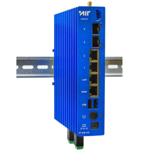 Router de red azul con múltiples conexiones.