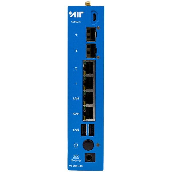 Dispositivo di rete blu con porte Ethernet e connessione USB.