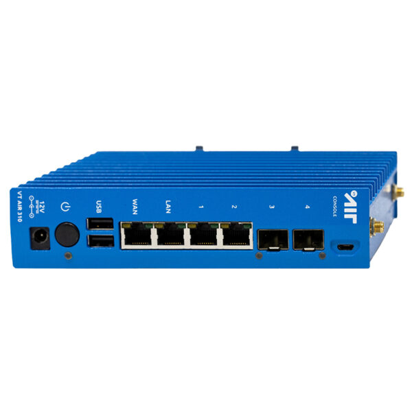 Router di rete blu con connessioni LAN e WAN.