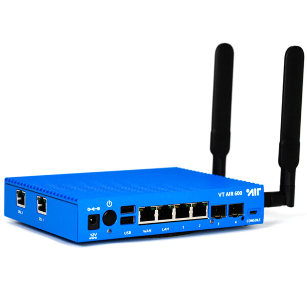 Blauer WLAN-Router mit zwei Antennen und Schnittstellen.