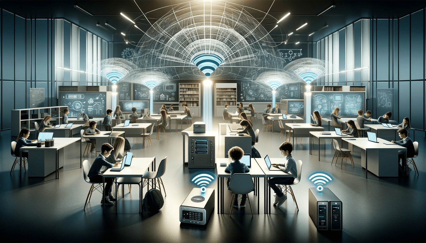 Header image of a modern digital school environment with students of various backgrounds using tablets and laptops, connected to a high-speed Wi-Fi network, symbolized by stylized Wi-Fi signals, with subtly integrated equipment such as routers and access points, highlighted by the logo of Ascend GmbH, symbolizing their role in providing these solutions, in a futuristic, clean and professional style, appealing to educators and technology professionals. Keywords: WiFi, digital school.
