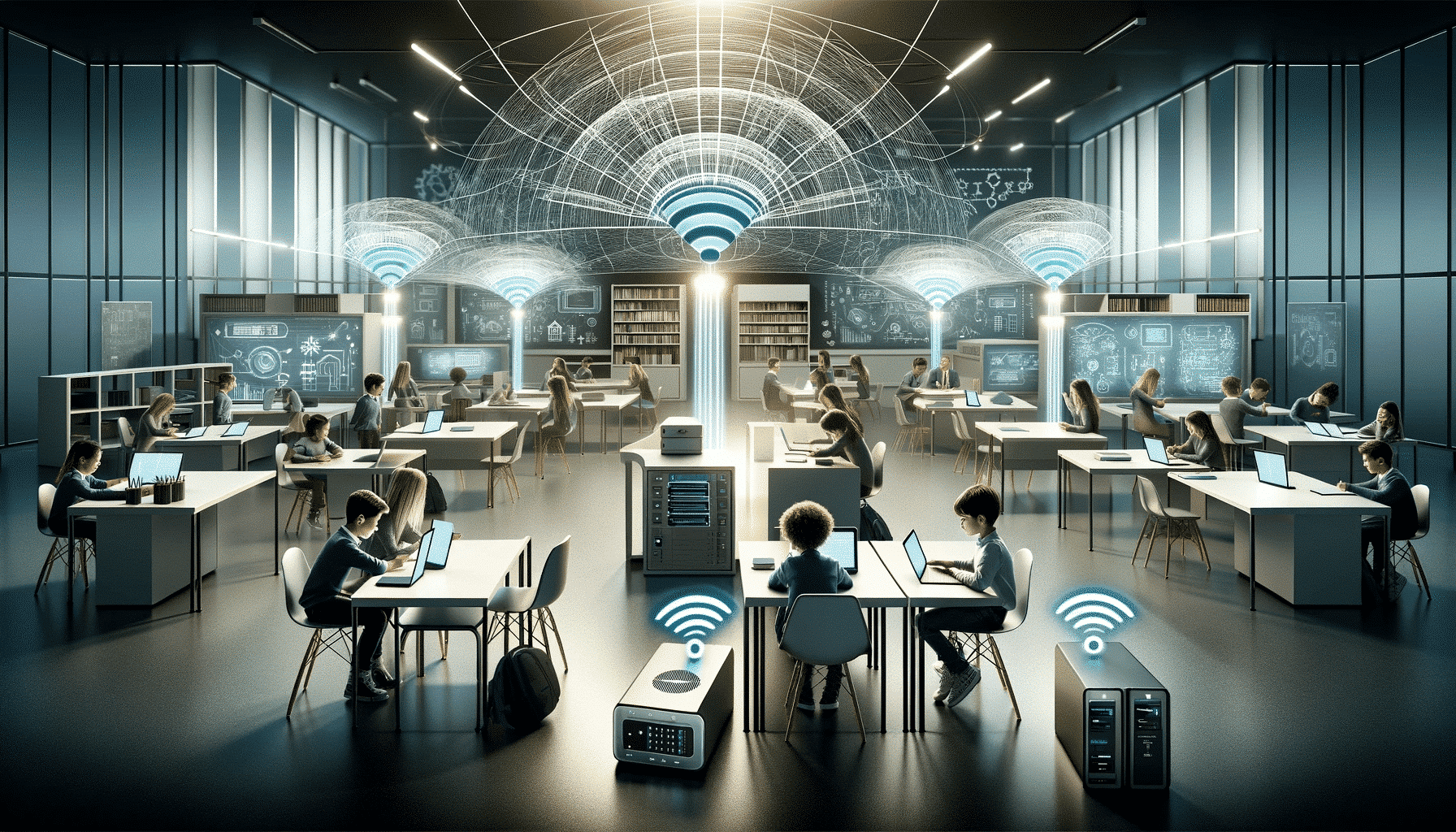 Image d'en-tête d'un environnement scolaire numérique moderne avec des élèves d'origines diverses utilisant des tablettes et des ordinateurs portables, connectés à un réseau WLAN à haut débit, symbolisé par des signaux WLAN stylisés, avec des équipements subtilement intégrés tels que des routeurs et des points d'accès, mis en évidence par le logo d'Ascend GmbH, symbolisant son rôle dans la fourniture de ces solutions, dans un style futuriste, propre et professionnel, attrayant pour les éducateurs et les professionnels de la technologie. Mots-clés : WiFi, école numérique.