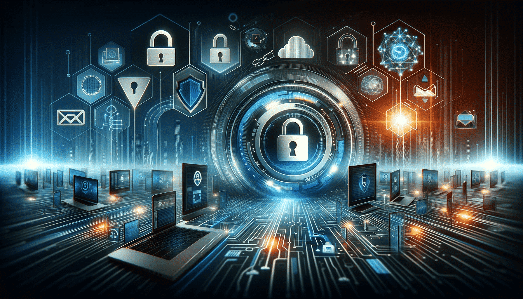 Imagen de cabecera profesional para un sitio web que representa la seguridad informática y la seguridad del correo electrónico, con un paisaje digital moderno, iconos de correo electrónico encriptado, candados digitales y conexiones de red seguras, en un diseño inspirado en la tecnología.
