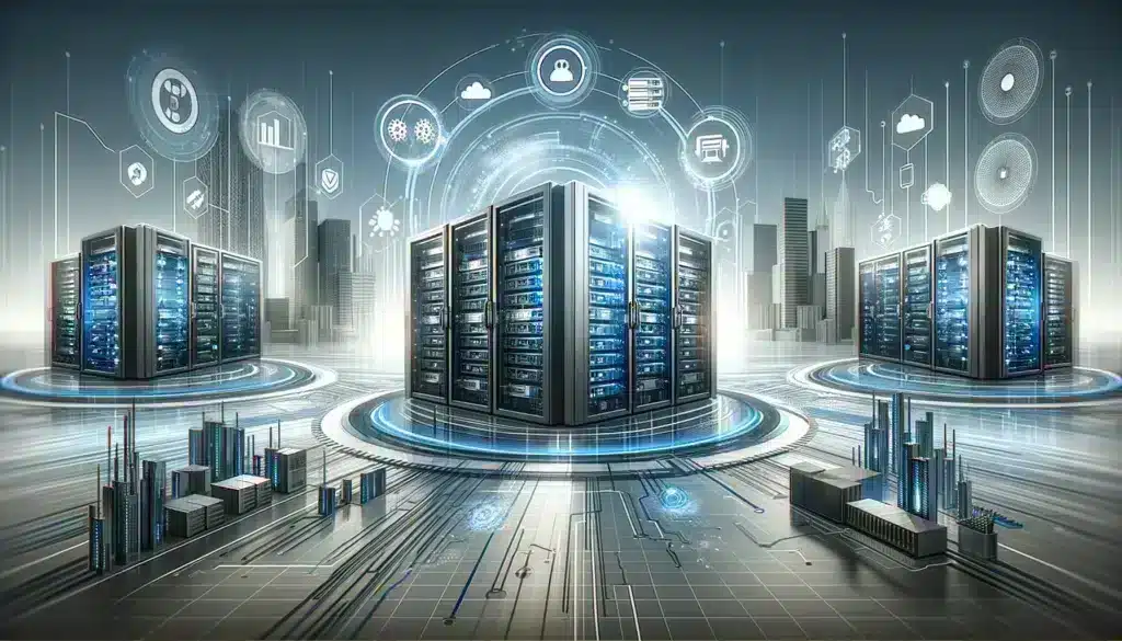 Professionelles Headerbild für einen Artikel über KVM Virtualisierung, dargestellt durch eine moderne und innovative Technologieumgebung mit Servern, Netzwerkinfrastruktur und Grafiken von virtuellen Maschinen. Das Design ist schlank und futuristisch, passend zum Thema Virtualisierung und IT-Lösungen.