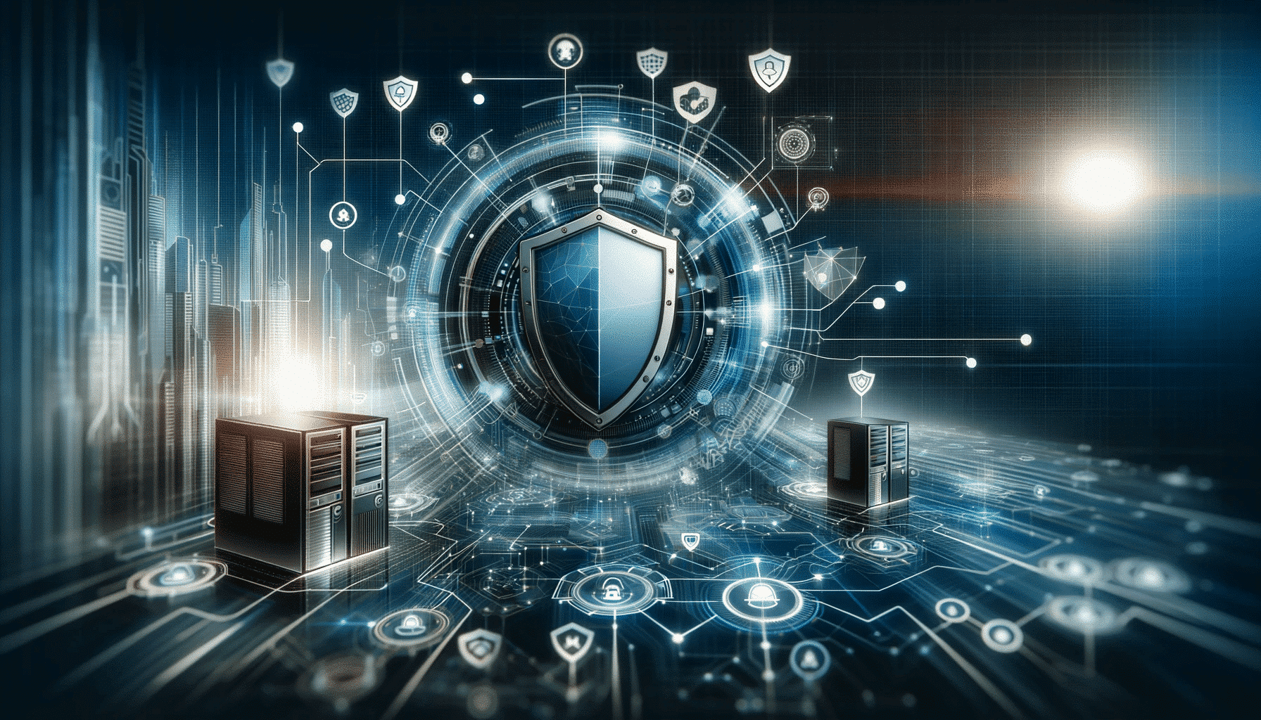 Texto alternativo: "Escudo de ciberseguridad y servidor visualizados digitalmente.