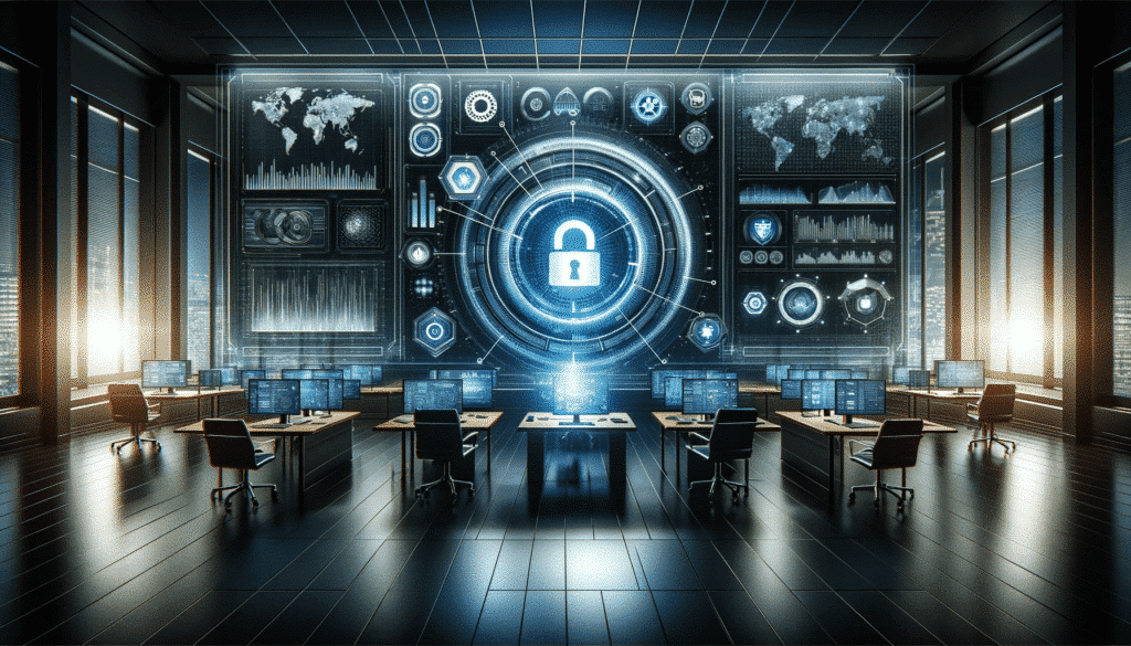 Cybersecurity command center with screens and world maps