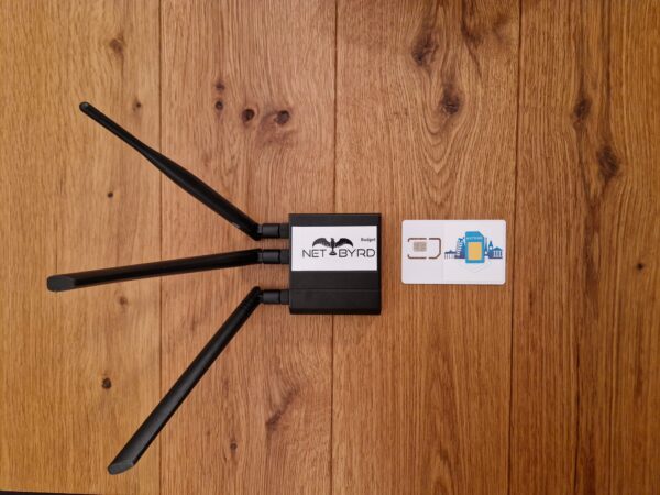 WLAN router with three antennas and network card on wooden table.