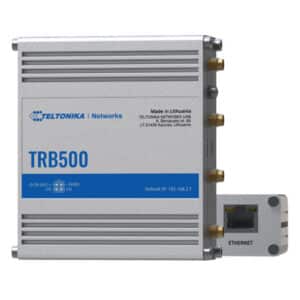 Router industrial Teltonika TRB500 con conexiones Ethernet.