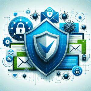 Визуальное представление концепции безопасности электронной почты с помощью таких символов, как защитные щиты и замки.