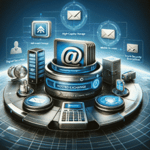 Modern representation of a hosted exchange service with e-mail interface and security functions.