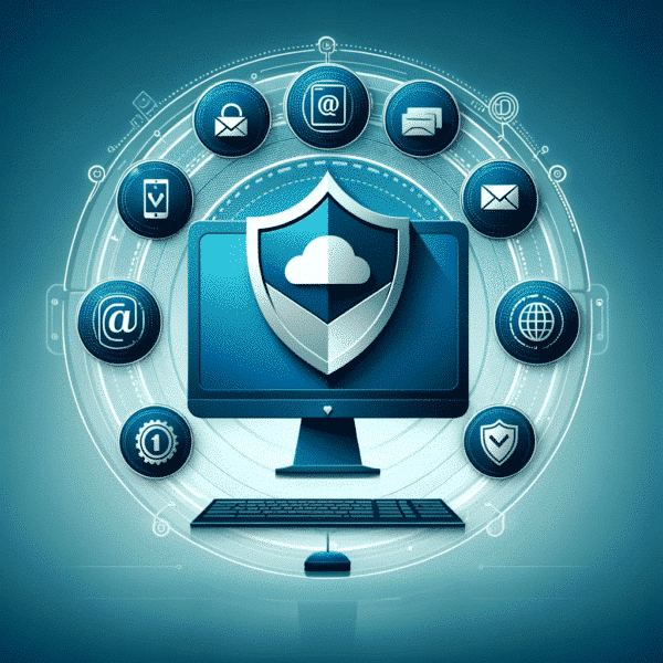 Representación moderna de una suite de seguridad informática integrada con iconos para correo electrónico, ordenador y escudo.