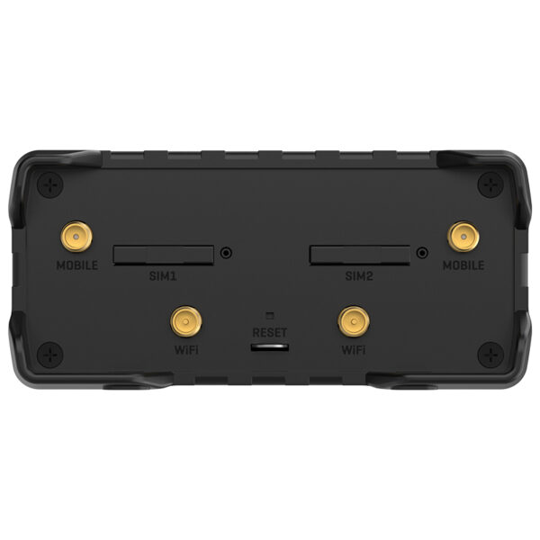 Routeur noir avec emplacements pour cartes SIM et bouton de réinitialisation.