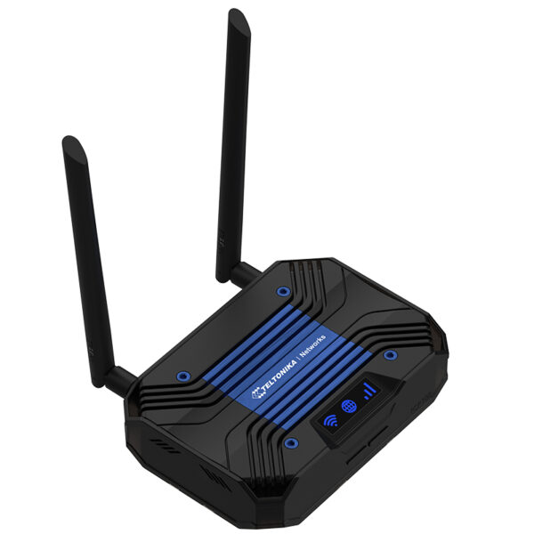 Schwarzer WLAN-Router mit zwei Antennen.