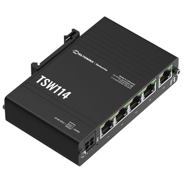 Switch Ethernet nero con 5 porte.