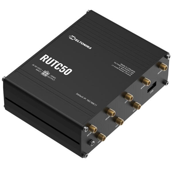 Teltonika RUTC50 Router in schwarzem Gehäuse mit seitlichen Anschlüssen für Mobile, GPS und WiFi, von der linken Seite gesehen.