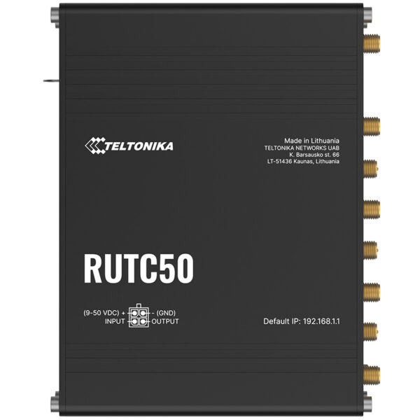 Teltonika RUTC50 Router von oben in schwarzem Gehäuse mit sichtbaren Herstellerinformationen und seitlichen Anschlüssen.