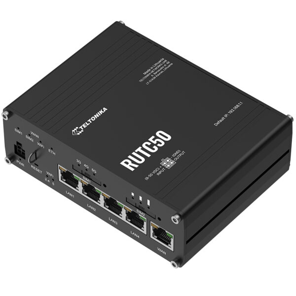 Teltonika RUTC50 Router in schwarzem Gehäuse mit mehreren Ethernet-Anschlüssen, Dual-SIM-Slots und Anzeige-LEDs auf der rechten Seite.