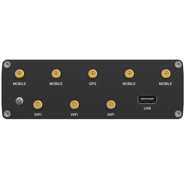 Vorderseite des Teltonika RUTC50 Routers mit Anschlüssen für Mobile, GPS, WiFi und USB, alle klar beschriftet.
