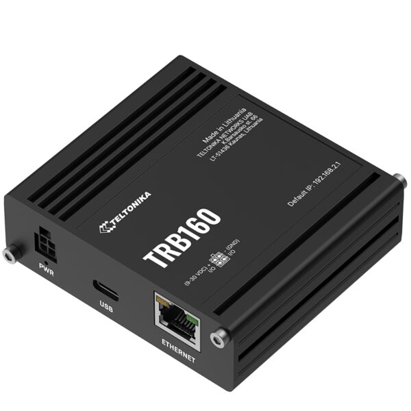 Маршрутизатор Teltonika TRB160 в компактном черном корпусе с разъемами для подключения питания, USB и Ethernet на передней панели.