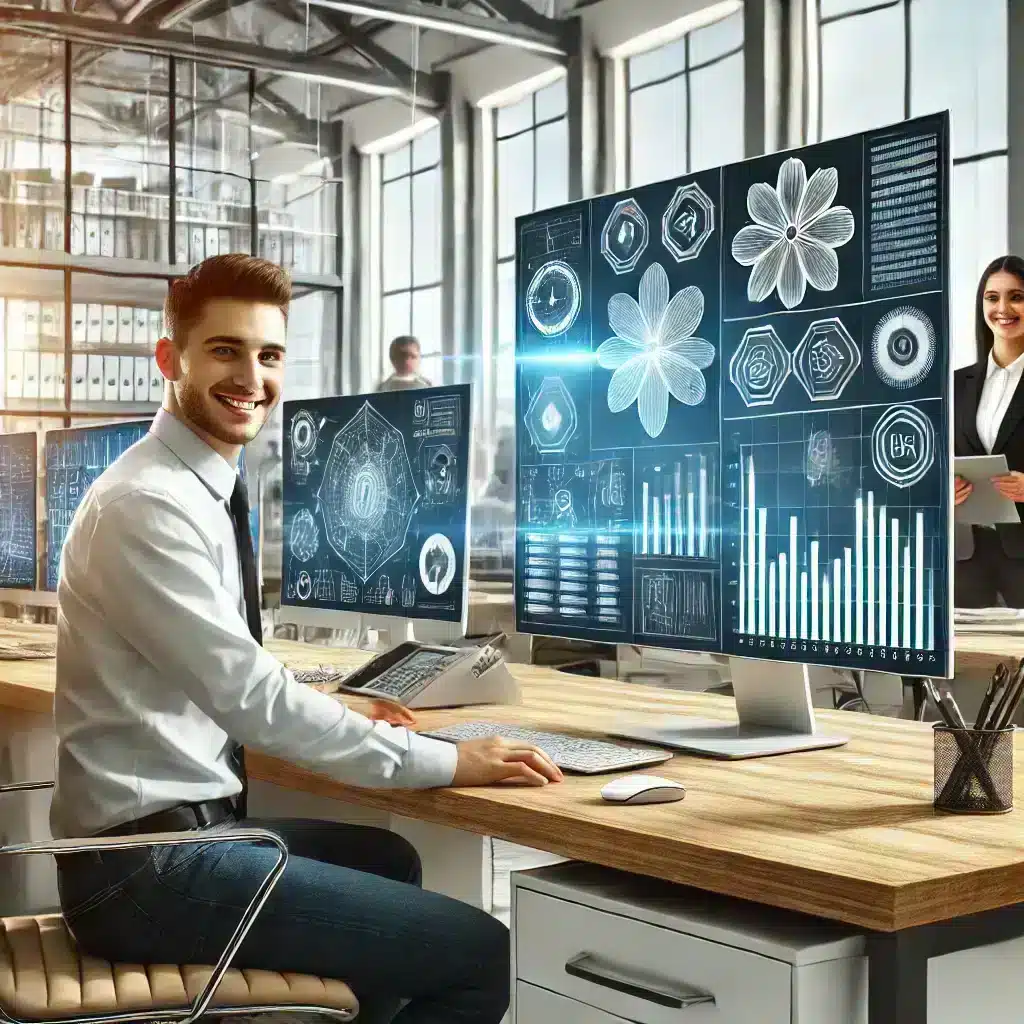 Homme dans un bureau avec des écrans et des diagrammes