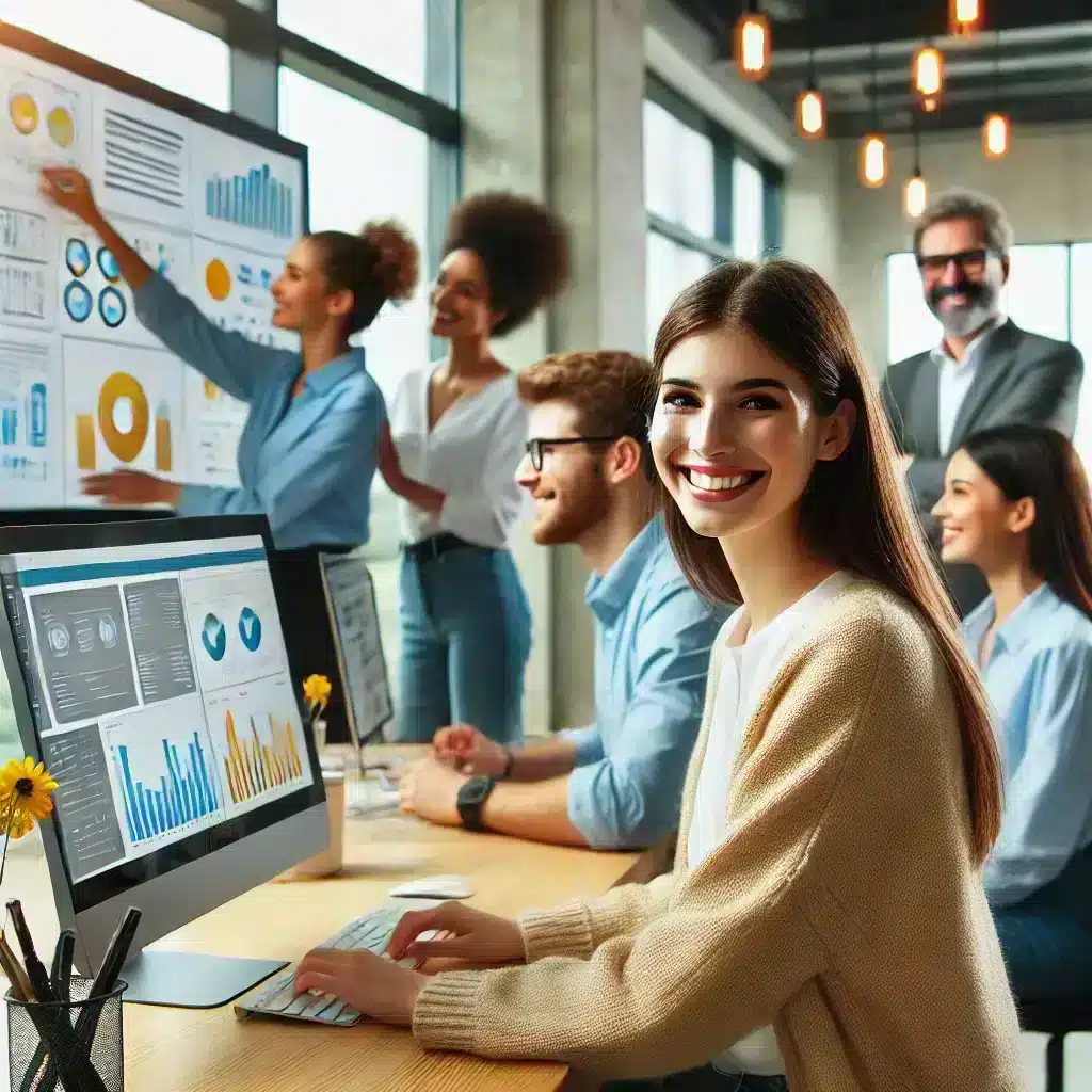 Reunión de equipo con diagramas de trabajo y ordenadores portátiles