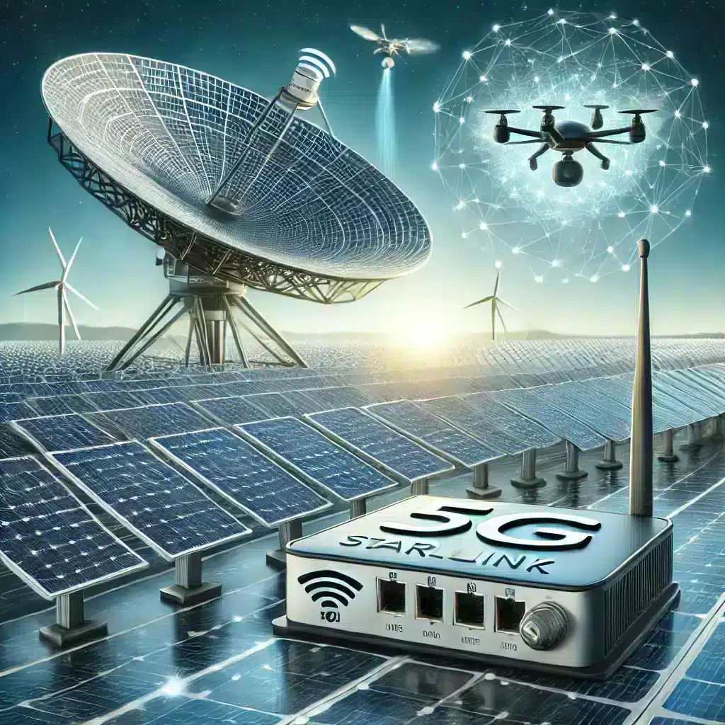 Parque solar con antena parabólica Starlink, router 5G y dron para vigilancia automatizada
