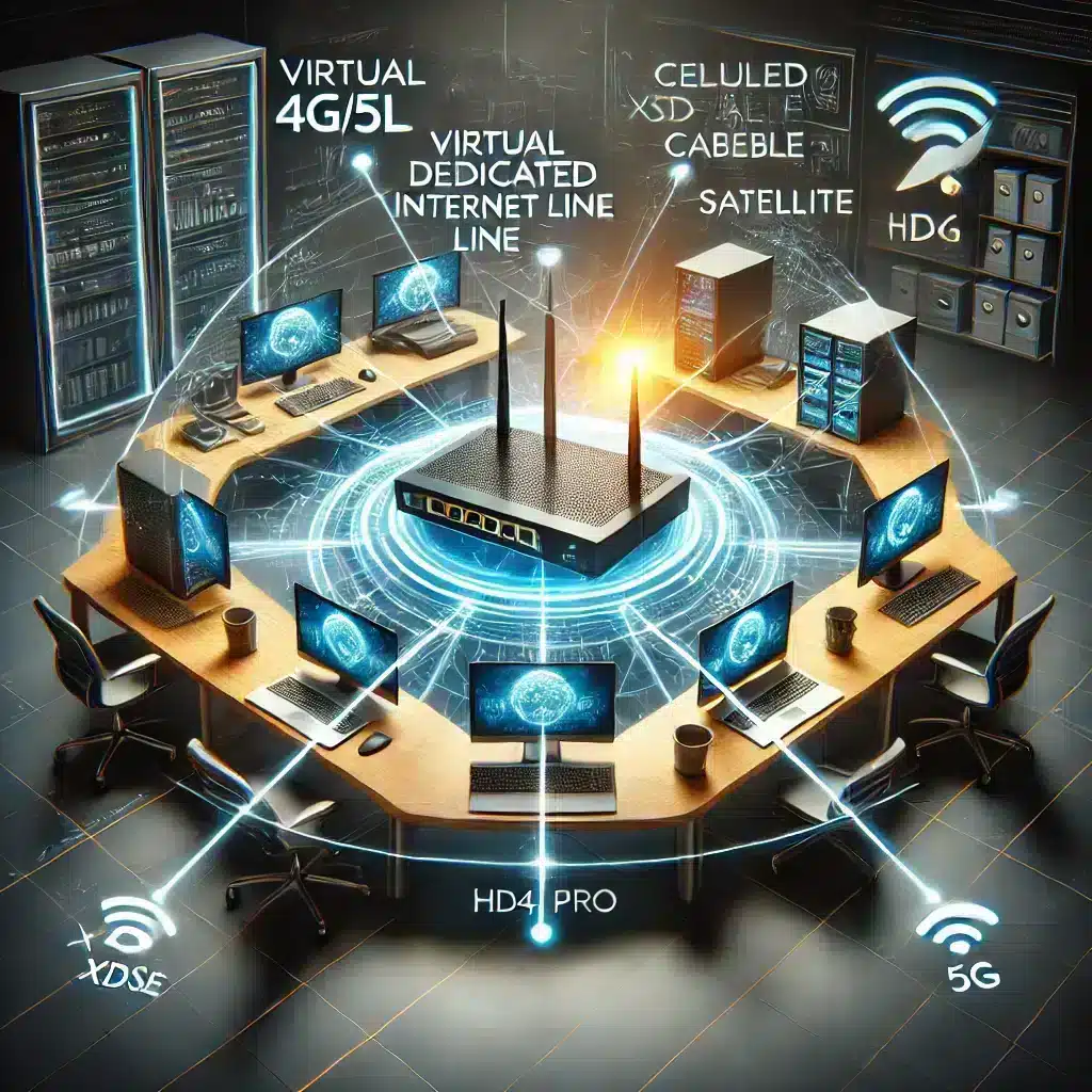 Virtuelle Standleitung: Bündelung mehrerer Verbindungen wie 4G/5G, xDSL, Kabel und Starlink zu einer stabilen und schnellen Internetlösung, verwaltet durch Router wie den SDX Pro