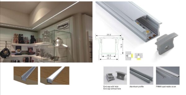 Aluminium-Profil für LED-Beleuchtung mit Endkappen.