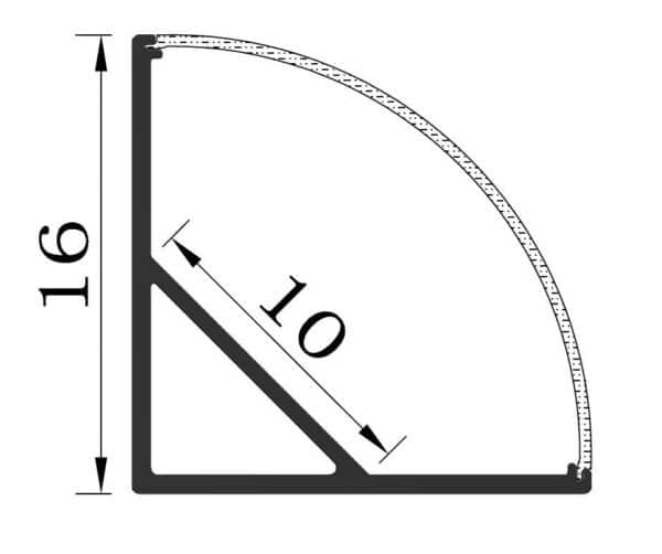 Profilansicht eines viertelkreisförmigen Profils, Maße 16x10.