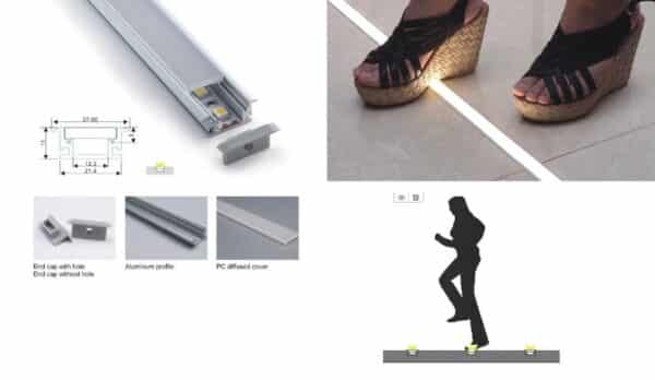 Aluminiumprofil mit LED und Abdeckung für Bodenbeleuchtung.