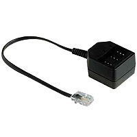 Schwarz Telefonadapter mit Kabel auf weißem Hintergrund.